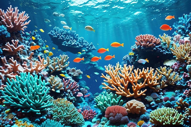 Tropical sea underwater fishes on coral reef generative ai