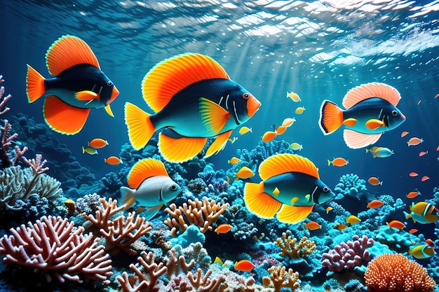 Tropical sea underwater fishes on coral reef generative ai