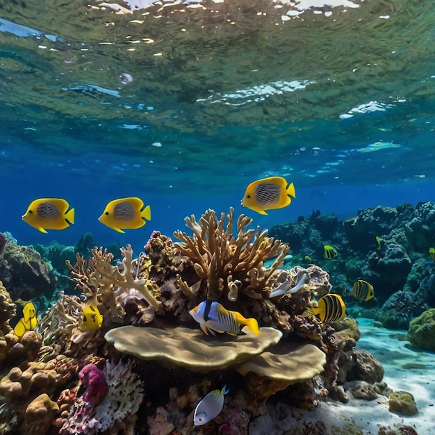 Tropical sea underwater fishes on coral reef wildlife colorful marine panorama landscape