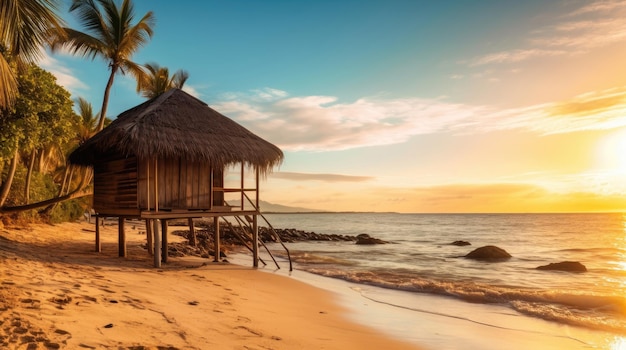 Tropical sea with a hut on the beach