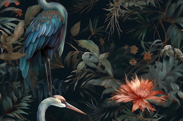 Tropical seamless background big royal birds crane peacock heron colorful fern leaves Dark watercolor Luxury wallpaper mural art Premium textile pattern gold blue green red Generative Ai