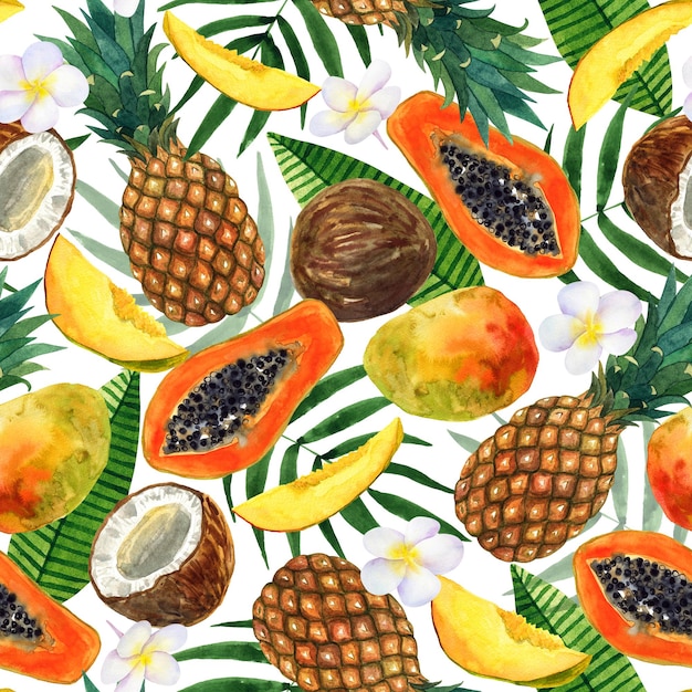 Tropical seamless background Pattern with beautiful watercolor exotic leaves pineapple papaya coconut mango plumeria Botanical hand drawn illustration Texture for print textile packing