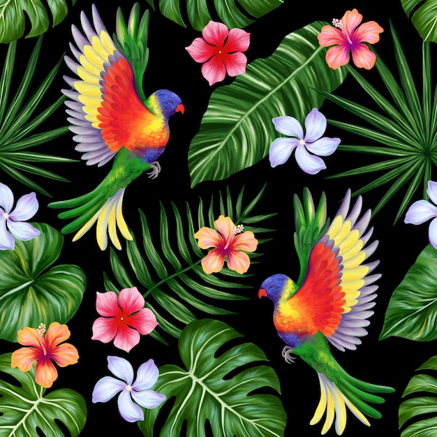 Tropical seamless pattern Colorful vivid print with beautiful palm jungle leaves flowers and lorikeet parrots Repeated luxury design for packaging cosmetic fashion textile wallpaper