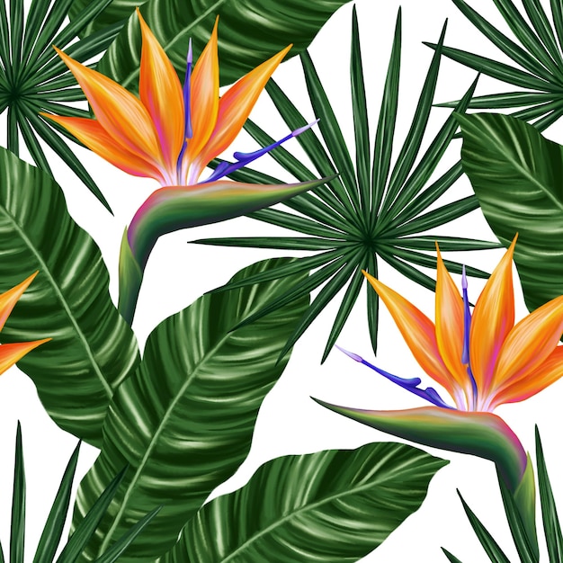 Tropical seamless pattern Colorful vivid print with beautiful palm jungle leaves and strelitzia flowes Repeated luxury design for packaging cosmetic fashion textile wallpaper