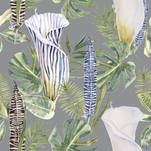 Tropical Seamless Pattern with Exotic Flowers and Palm Leaves