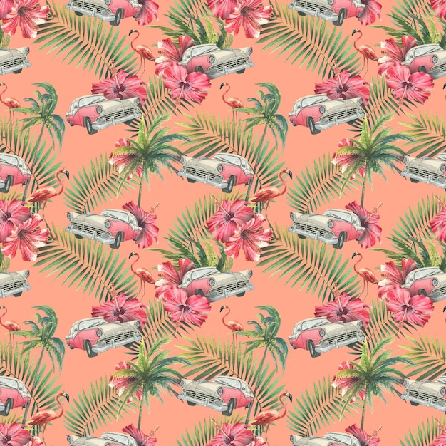 Tropical seamless pattern with retro car pink flamingo palm leaves and trees hibiscus flowers Watercolor illustration from a large CUBA set For decoration and design of fabric wallpaper