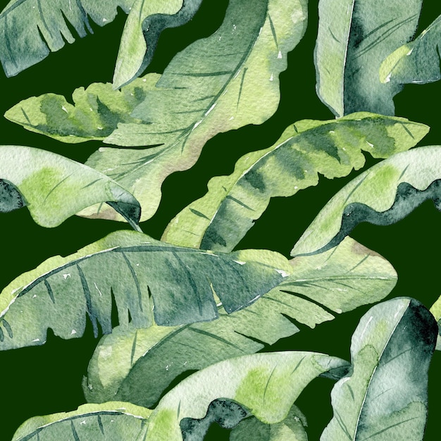 Tropical seamless watercolor pattern with banana leaves