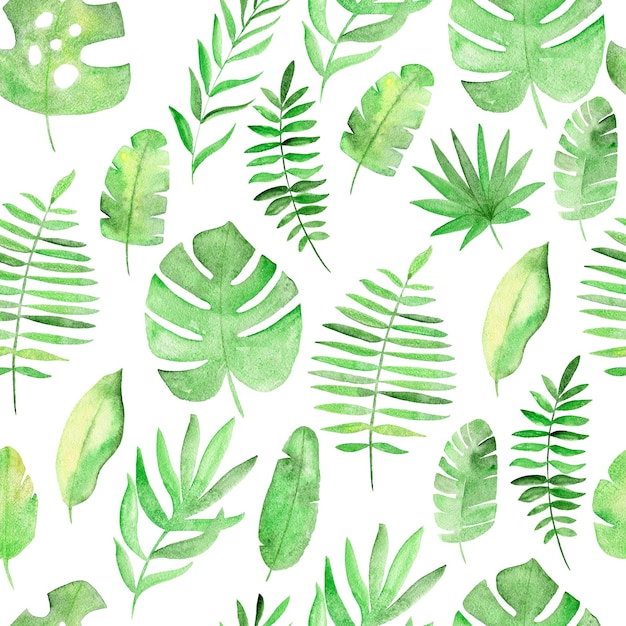 Tropical seamless watercolor pattern with green leaves