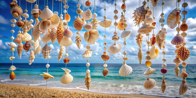 Photo tropical seashell curtain beachside decor with hanging shells and ocean view