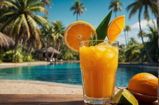 A tropical setting with palm trees and orange j