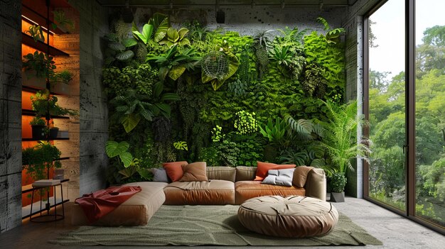 Photo tropical sitting room with sofa and coffee table in jungle interior design