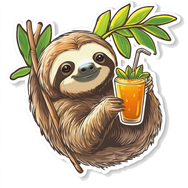 Tropical Sloth Hanging from Tree with Drink Whimsical Sticker Design