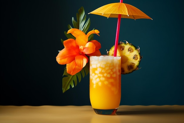 A tropical smoothie with a paper umbrella on top