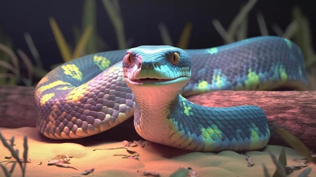 Tropical snake in the sand on a dark background