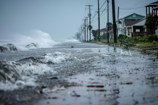 A tropical storm bringing heavy rain and strong winds to a coastal region causing flooding and damage