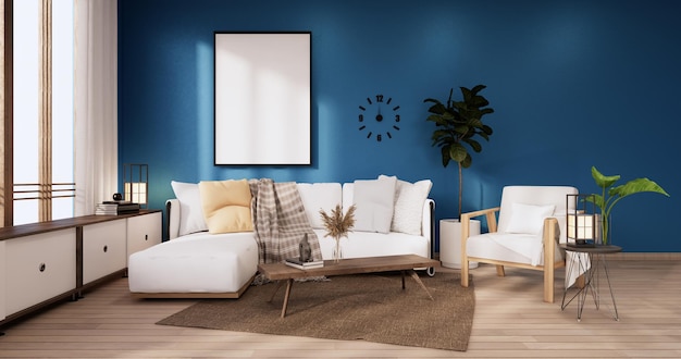 The Tropical style Chaina room interior and blue wall3D rendering