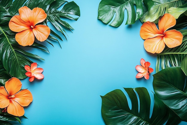 Photo a tropical summer background blue decorations with palm leaves