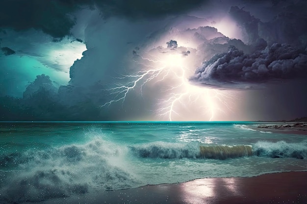 Tropical summer rain over sea with lightning and storm clouds in rays of sun generative ai