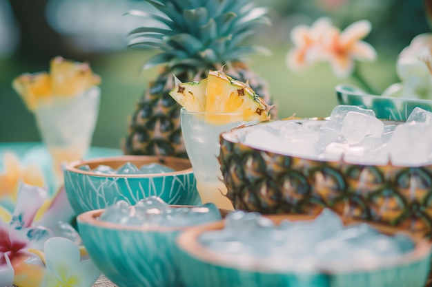 Tropical Summer Refreshment with Pineapple and Ice in Vibrant Bowls