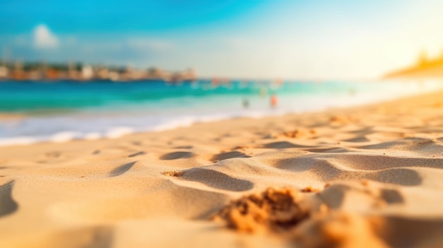 Tropical summer sand beach and bokeh sun light on sea background Generative AI