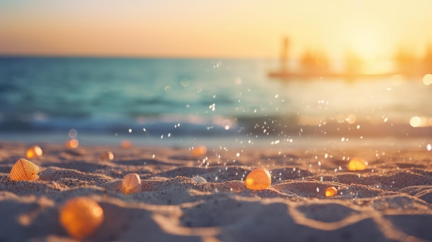 Tropical summer sand beach and bokeh sun light on sea background Generative AI