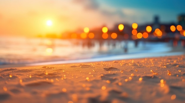 Tropical summer sand beach and bokeh sun light on sea background Generative AI