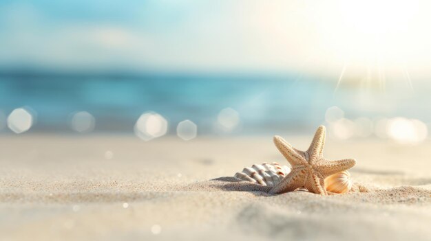 Tropical summer sand beach and bokeh sun light on sea background Generative AI