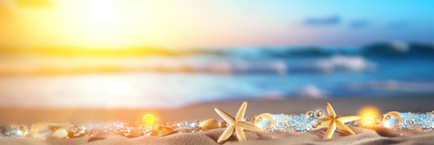 Tropical summer sand beach and bokeh sun light on sea background Generative AI