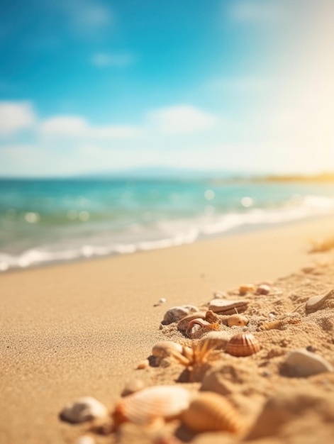 Tropical summer sand beach and bokeh sun light on sea background Generative AI