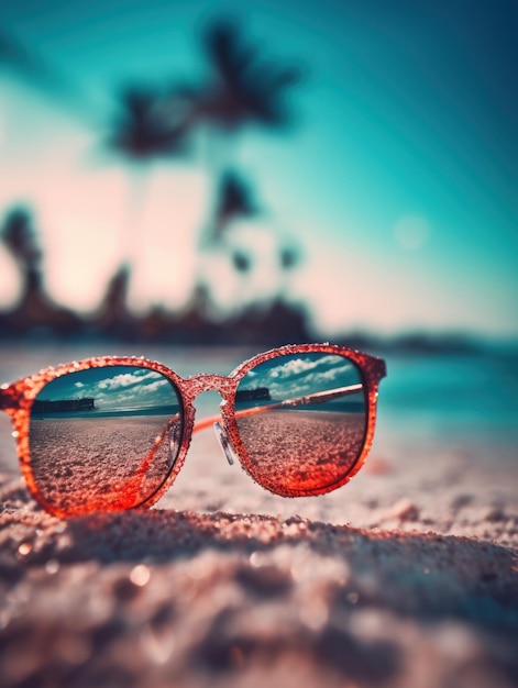 Tropical summer sand beach and bokeh sun light on sea background Generative AI