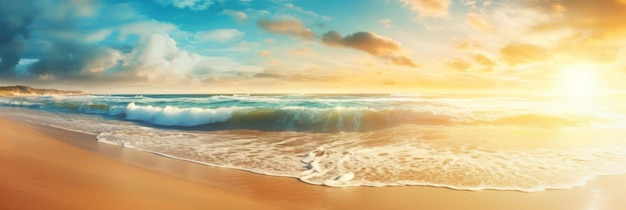 Tropical summer sand beach and bokeh sun light on sea background Generative AI