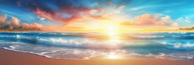 Tropical summer sand beach and bokeh sun light on sea background Generative AI