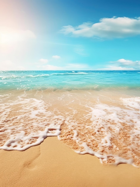 Tropical summer sand beach and bokeh sun light on sea background Generative AI