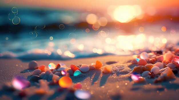 Tropical summer sand beach and bokeh sun light on sea background Generative AI