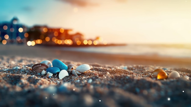 Tropical summer sand beach and bokeh sun light on sea background Generative AI