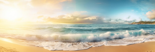 Tropical summer sand beach and bokeh sun light on sea background Generative AI