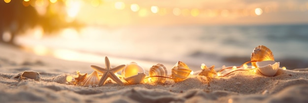 Tropical summer sand beach and bokeh sun light on sea background Generative AI