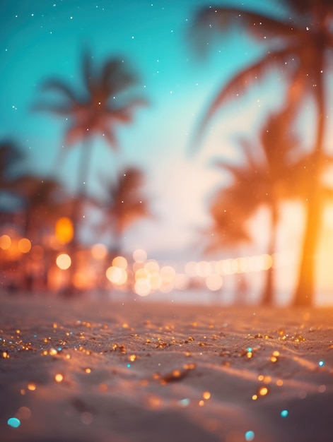 Tropical summer sand beach and bokeh sun light on sea background