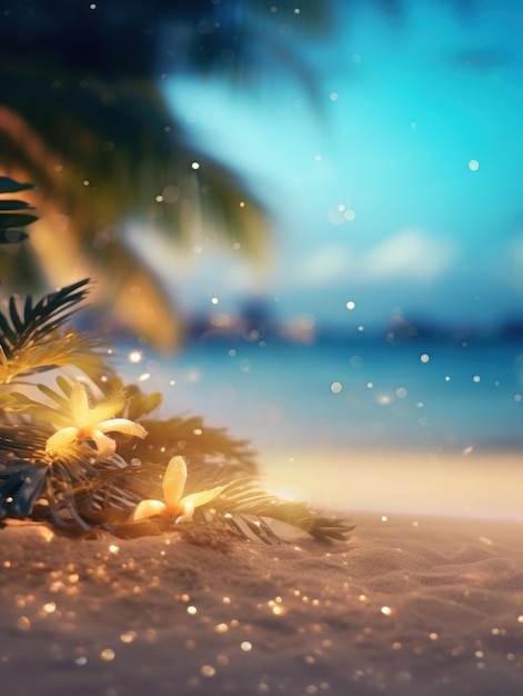 Tropical summer sand beach and bokeh sun light on sea background