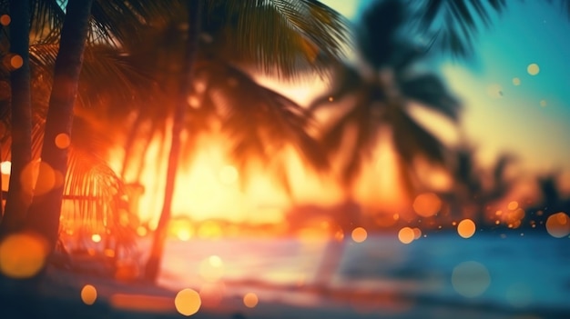 Tropical summer sand beach and bokeh sun light on sea background