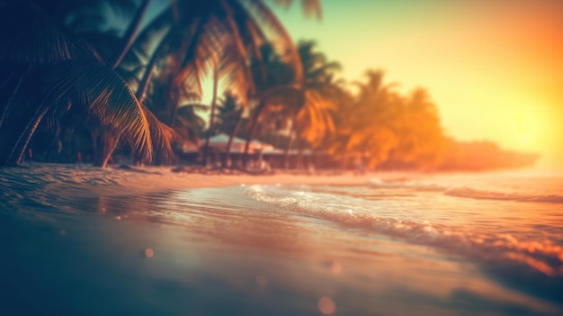 Tropical summer sand beach and bokeh sun light on sea background