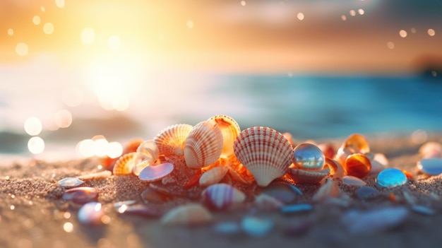 Tropical summer sand beach and bokeh sun light on sea background