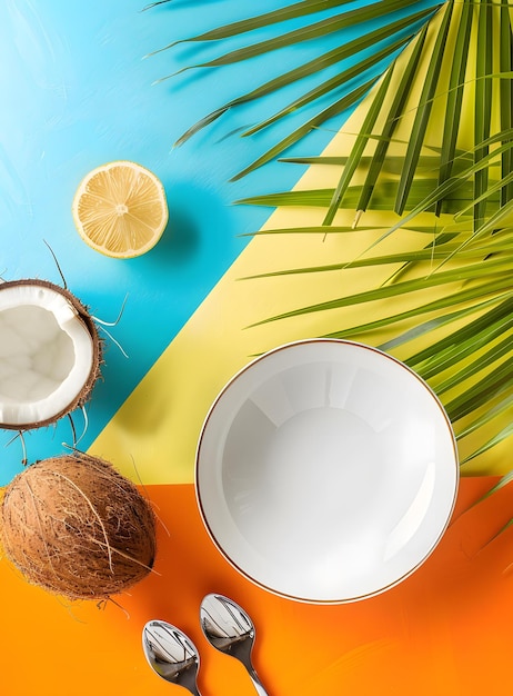 Photo tropical summer table setting with coconut lemon and palm leaf