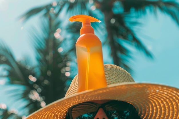 Tropical sunblock lotion on a straw hat with palm background