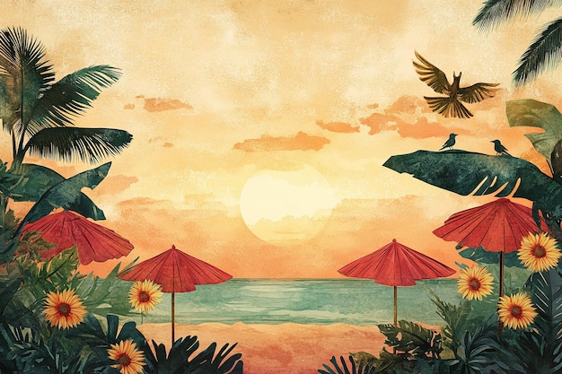 Tropical Sunset Beach Scene with Palm Trees Sunflowers and Ocean View A Serene Digital Painting