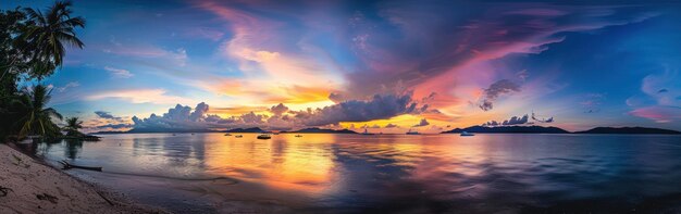 Tropical Sunset Over Calm Ocean Waters With Palm Trees