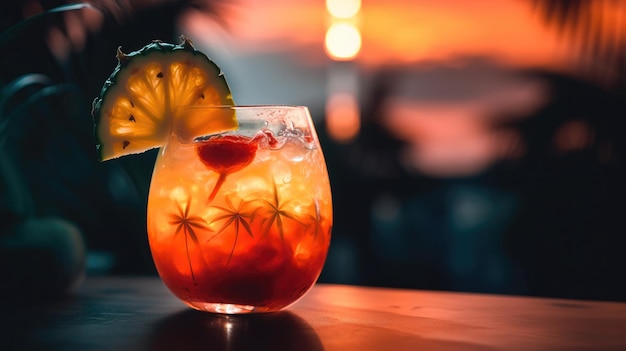 Tropical Sunset in a Glass Layered Cocktail with a View Generative AI