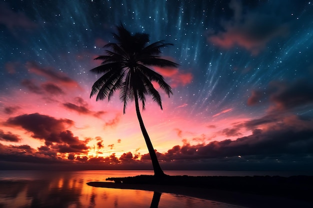 Tropical sunset palm tree under galaxy sunset sky