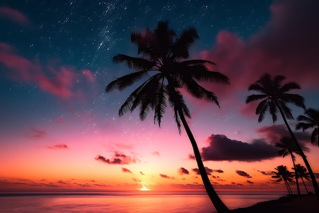 Tropical sunset palm tree under galaxy sunset sky