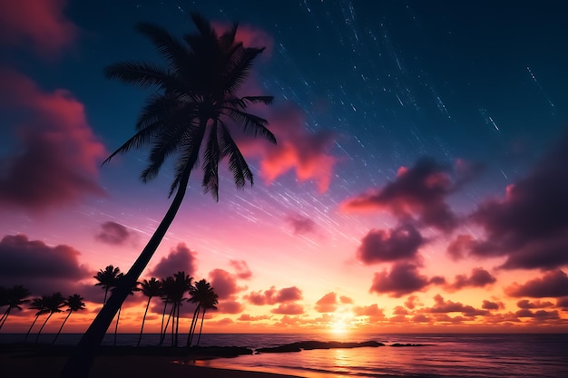 Tropical sunset palm tree under galaxy sunset sky